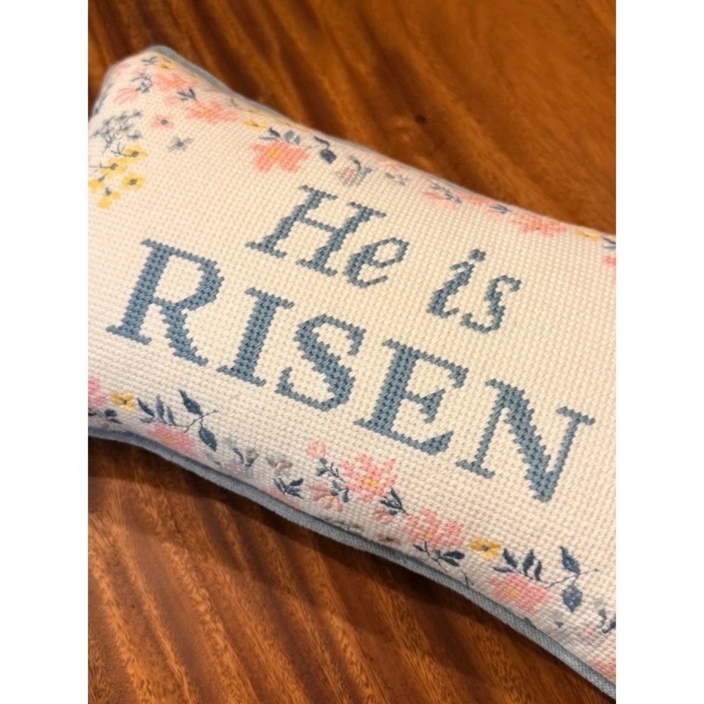 Love + Light "He Is Risen" Needlepoint Decorative Pillow Floral Blue 14x8 NWT
